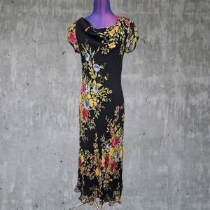 Majick Vintage Y2K Floral Euro Maxi Dress Chiffon Beaded Cowl Neck Small A71